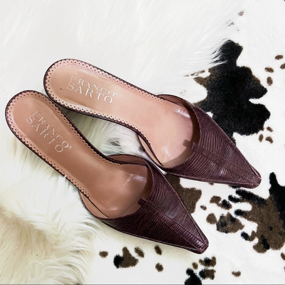 Franco Sarto Purple Leather Snakeskin Print Size 8 1/2 Mules